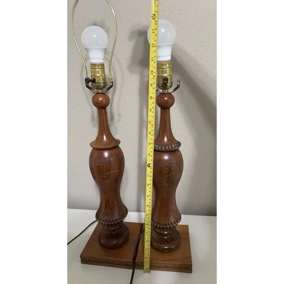 The Wood Whittler MCM Pair Lamps Hand Carved NOT TWINS 18tall Square Base Works